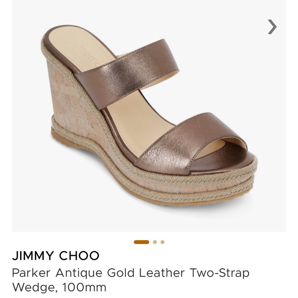 Jimmy Choo Parker Antique Gold Two Strap Wedge Sandals EU 38.5